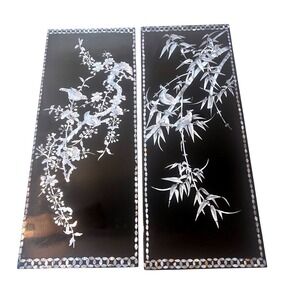 Vintage Korean Mother of Pearl Inlay Black Lacquer Wall Art Panels PairBirds 19"
